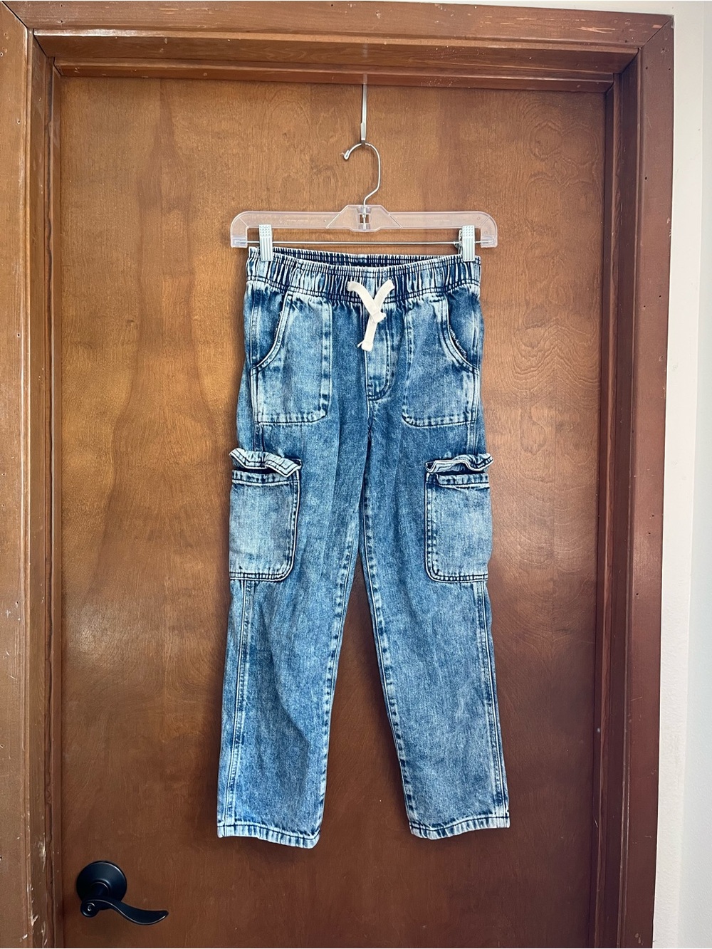 Girls Blue Acid-Wash Cargo Pull on Pants